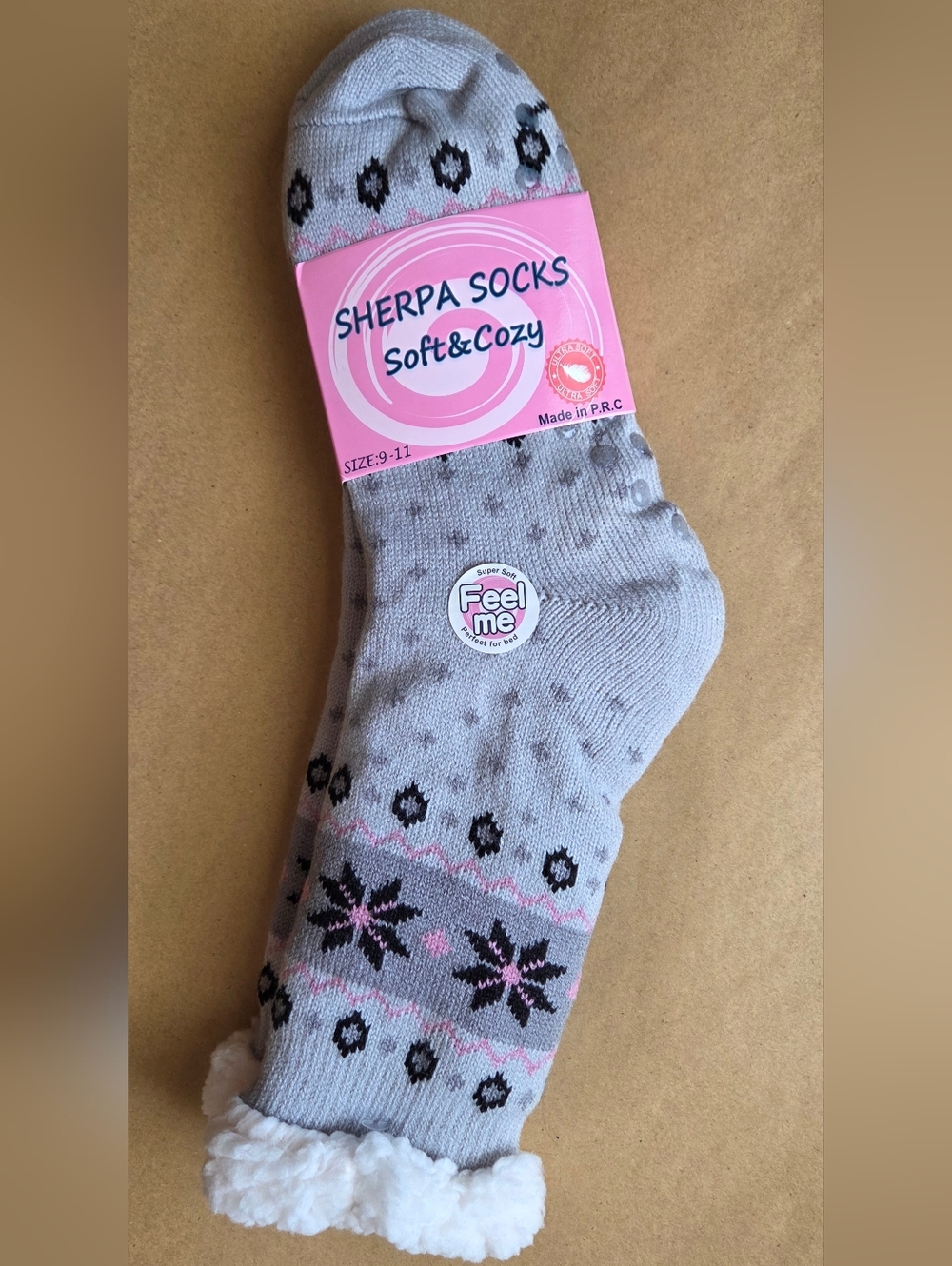 Sherpa Socks Soft & Cozy Grey - Pink & Black Designs Size 9-11